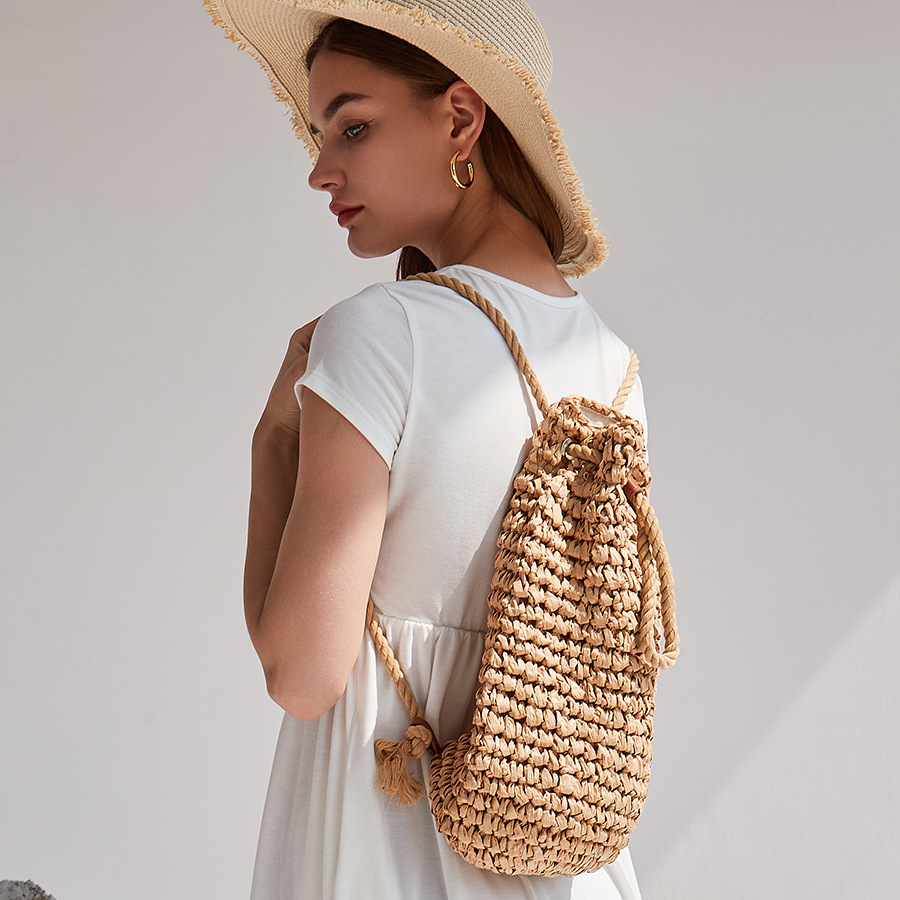 Woven Straw Bag - กระเป๋าสะพายไหล่ชายหาดแบบเชือกผูกทำมือ กระเป๋าถือท่องเที่ยวสานจากหวายราฟเฟีย กระเป๋าเป้สะพายหลังสไตล์บาหลีสำหรับผู้หญิง กระเป๋าเป้ฤดูร้อนทำจากฟาง