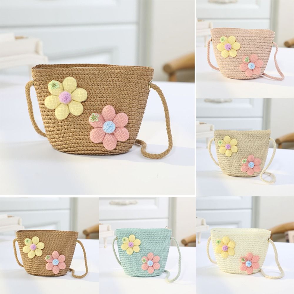 Woven Straw Bag - กระเป๋าสานดอกไม้ทำมือสำหรับเด็กผู้หญิง กระเป๋าใส่เหรียญแบบมีซิป กระเป๋าสะพายข้างเด็ก กระเป๋าเก็บของถ่ายรูป กระเป๋าถือแบบสะพายข้าง