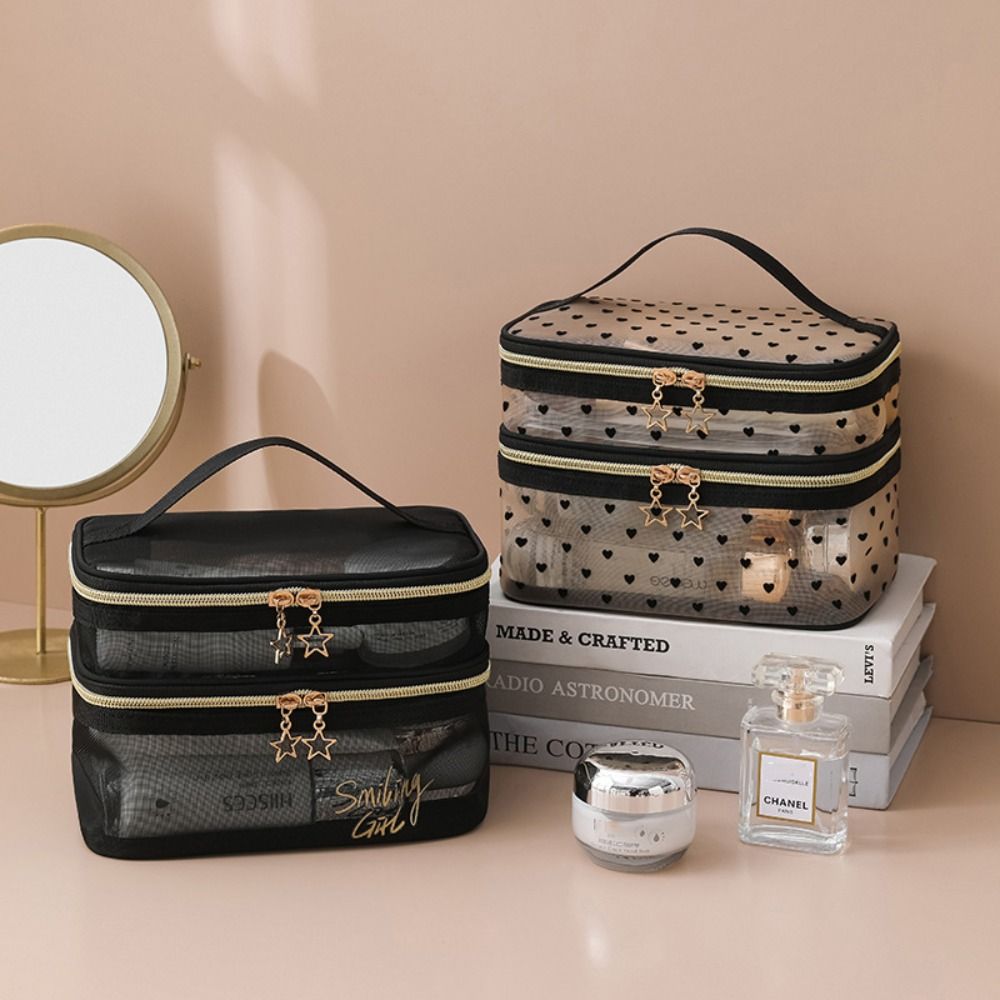 Women Bags Grey - กระเป๋าเครื่องสำอางไนลอนใหม่ สีดำ เทา เนื้อเบจ แบบสองชั้น กระเป๋าใส่เครื่องสำอางขนาดใหญ่สำหรับเดินทาง