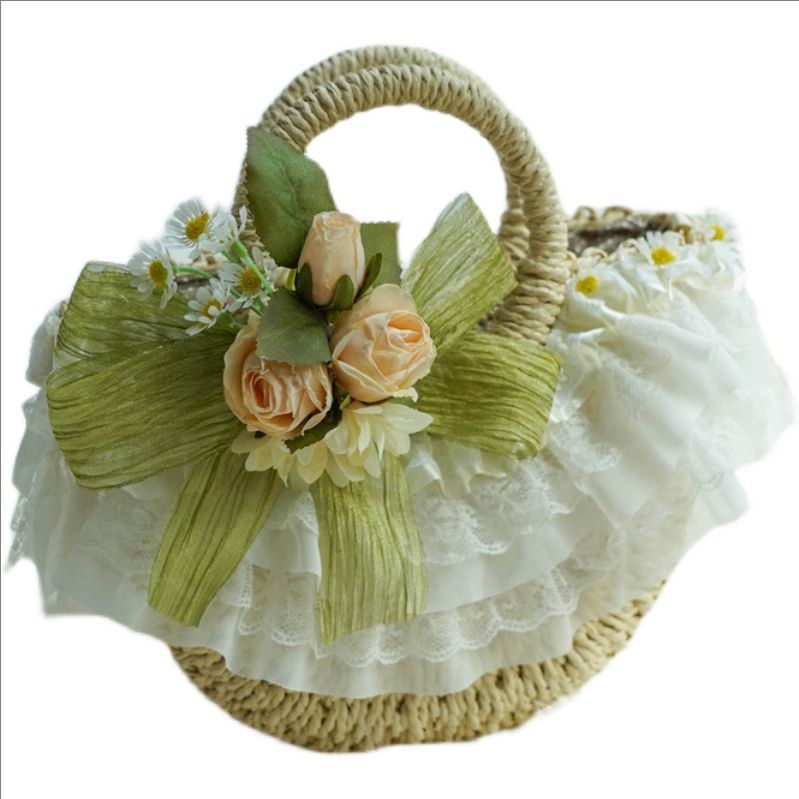 Woven Straw Bag - กระเป๋าสานฟางลูกไม้โลลิต้าสไตล์คันทรี่, กระเป๋าชายหาดดอกไม้โลลิต้าคลาสสิก, กระเป๋าสะพายข้างและกระเป๋าสะพายสาวนุ่ม