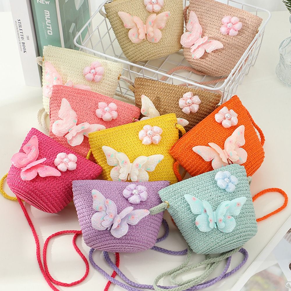 Woven Straw Bag - กระเป๋าฟางเด็กทำมือ รูปทรงเปลือกหอย ลายผีเสื้อ ดอกไม้ กระเป๋าสะพายข้าง กระเป๋าสะพายไหล่