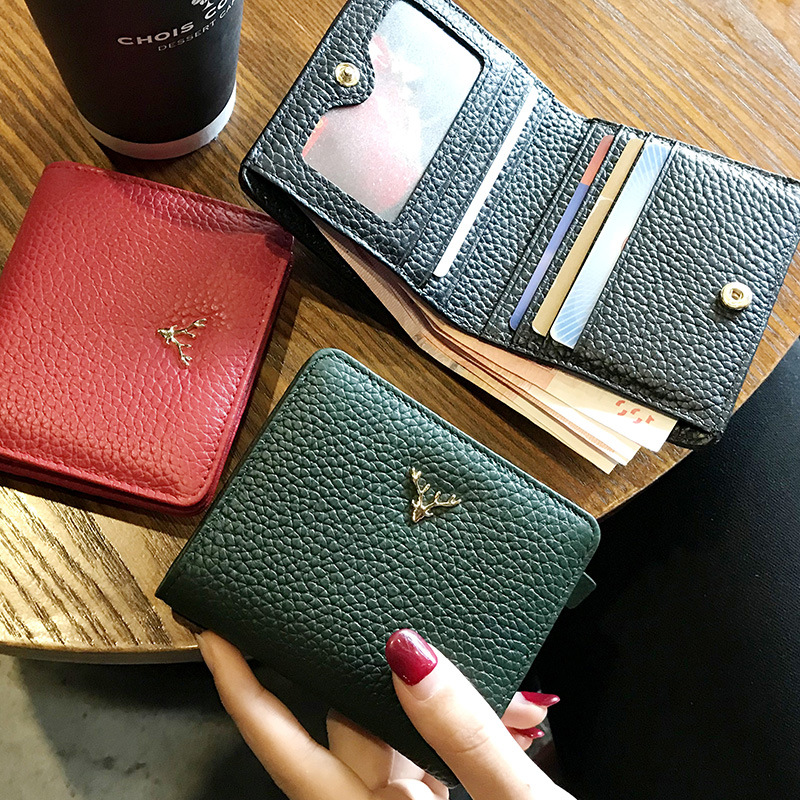 Women Bags Zara - กระเป๋าเงินผู้หญิงหนังวัวสั้นแบบบางกระเป๋าสตางค์ขนาดเล็กเก๋ไก๋คริสต์มาสกวางกระดุมหนังแท้สตรี dompet koin กระเป๋าสตางค์ใส่บัตร