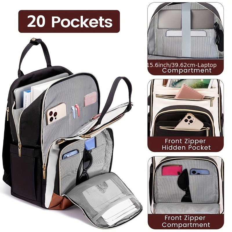 Women Bags Laptop - กระเป๋าเป้สะพายหลังสำหรับผู้หญิงแบบสองสี กันน้ำ น่ารัก เหมาะสำหรับเดินทางและทำงาน พร้อมซิปสีทอง ใส่โน้ตบุ๊คขนาด