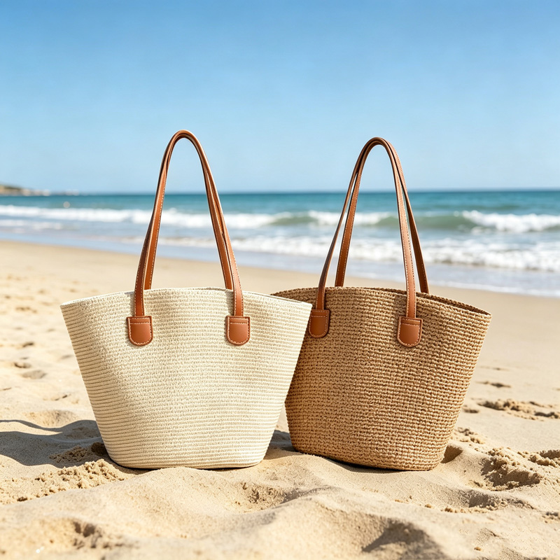 Woven Straw Bag - CLAREGQI กระเป๋าโท้ทสานสีพื้นสำหรับผู้หญิง, กระเป๋าสะพายชายหาดสานความจุขนาดใหญ่พร้อมหูจับหนัง PU, กระเป๋าสะพายลำลองสำหรับฤดูร้อน