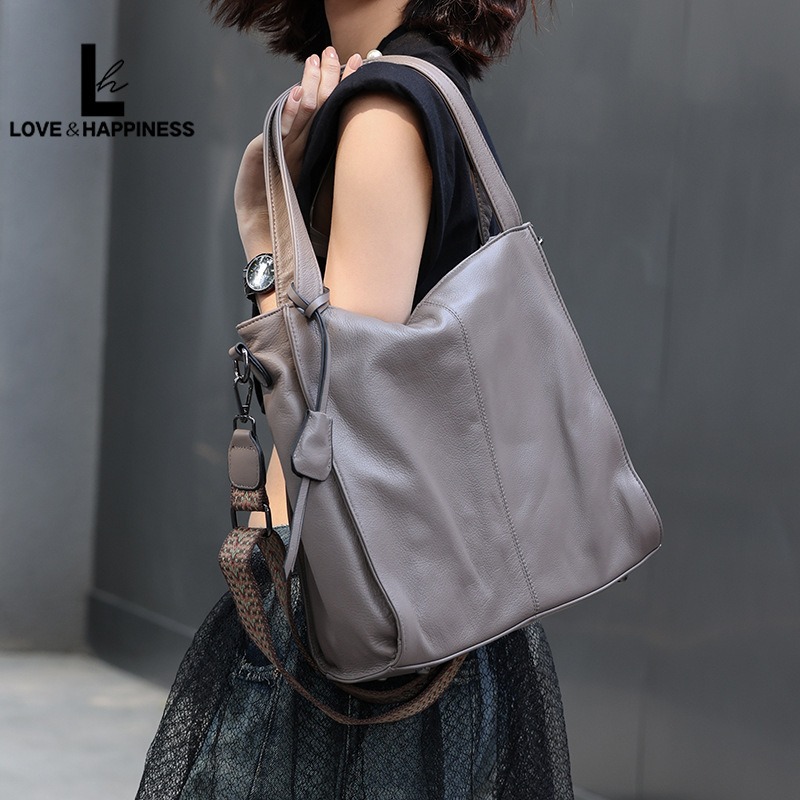 Women Bags Grey - Nesitu Highend A4 สีดําสีเทาสีม่วงขนาดใหญ่ความจุของแท้หนังผู้หญิงกระเป๋าถือ Lady Cowhide