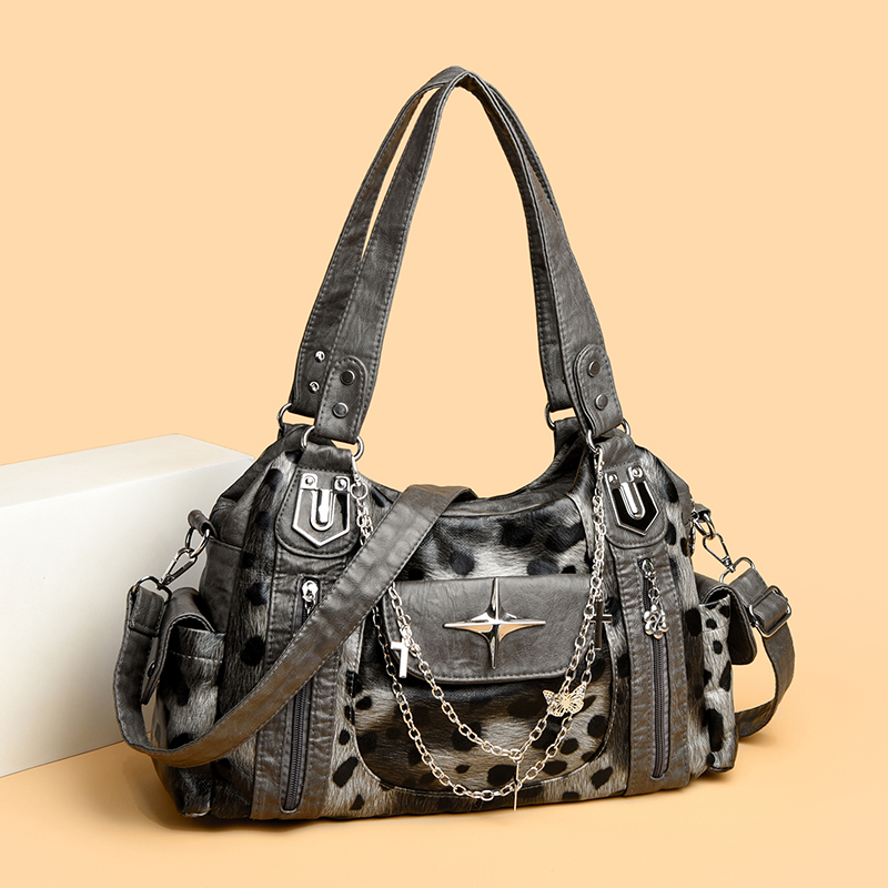 Women Bags Grey - กระเป๋าสะพายลายเสือดาวสีเทา สไตล์ Y2K กระเป๋าถือทรงโท้ทสำหรับสาวๆ จุของได้เยอะ กระเป๋าสะพายข้างแบบพกพา