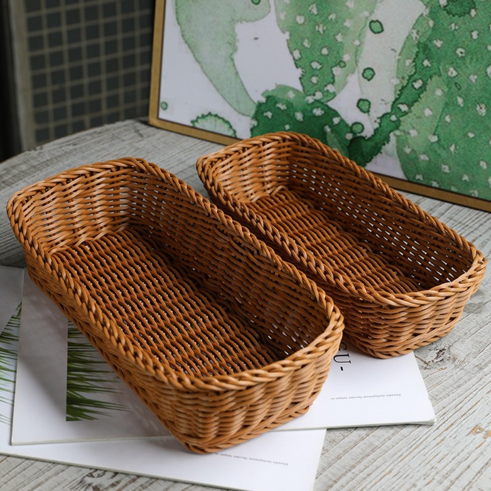 Basket Bag Wicker - หวายเทียมตะกร้าเก็บFauxหวายถาดพลาสติกตะกร้าปิกนิกขนมปังอาหารแผ่นผลไม้กล่องตกแต่งโต๊ะ