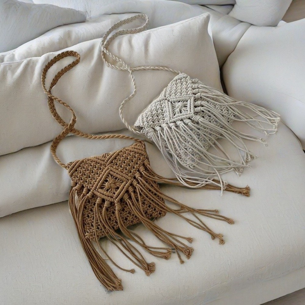 กระเป๋าสานสไตล์ชาติพันธุ์ สีพื - Woven Straw Bag บทวิจารณ์และราคา